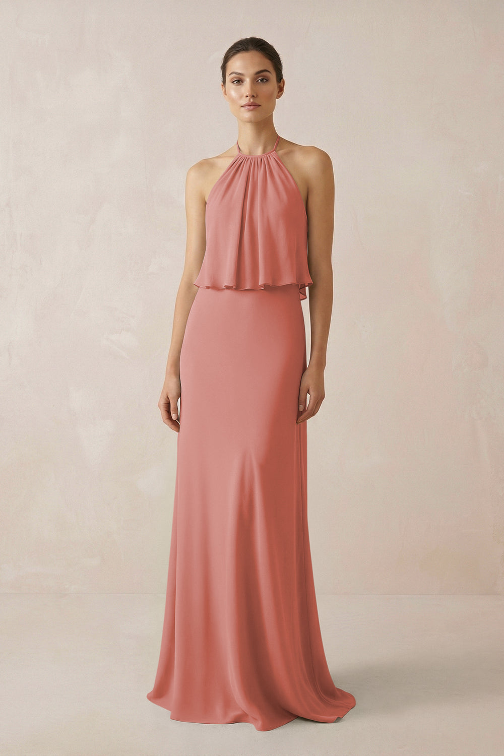 Halter Sheath Ruffled Chiffon Bridesmaid Dress in Mulberry