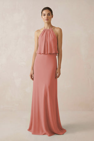 Mulberry Halter Sheath Ruffled Chiffon Bridesmaid Dress | KISSBRIDAL