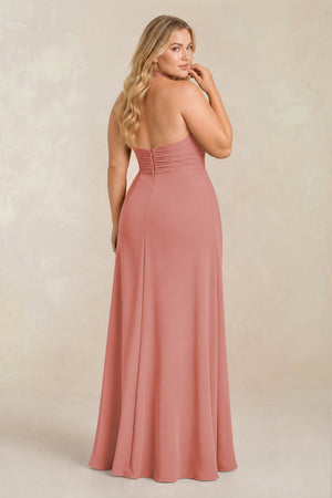 Mulberry High Neck Chiffon Sheath Ruched Bridesmaid Dress (2) [sizeplus] | KISSBRIDAL
