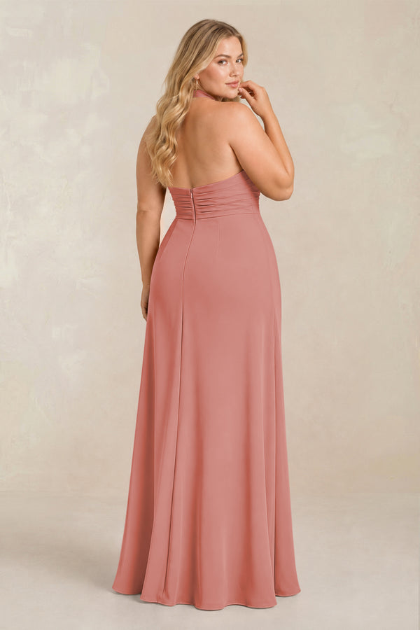 Mulberry High Neck Chiffon Sheath Ruched Bridesmaid Dress (2) [sizeplus] | KISSBRIDAL