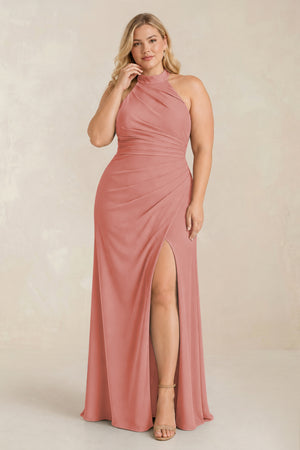 Mulberry High Neck Chiffon Sheath Ruched Bridesmaid Dress [sizeplus] | KISSBRIDAL