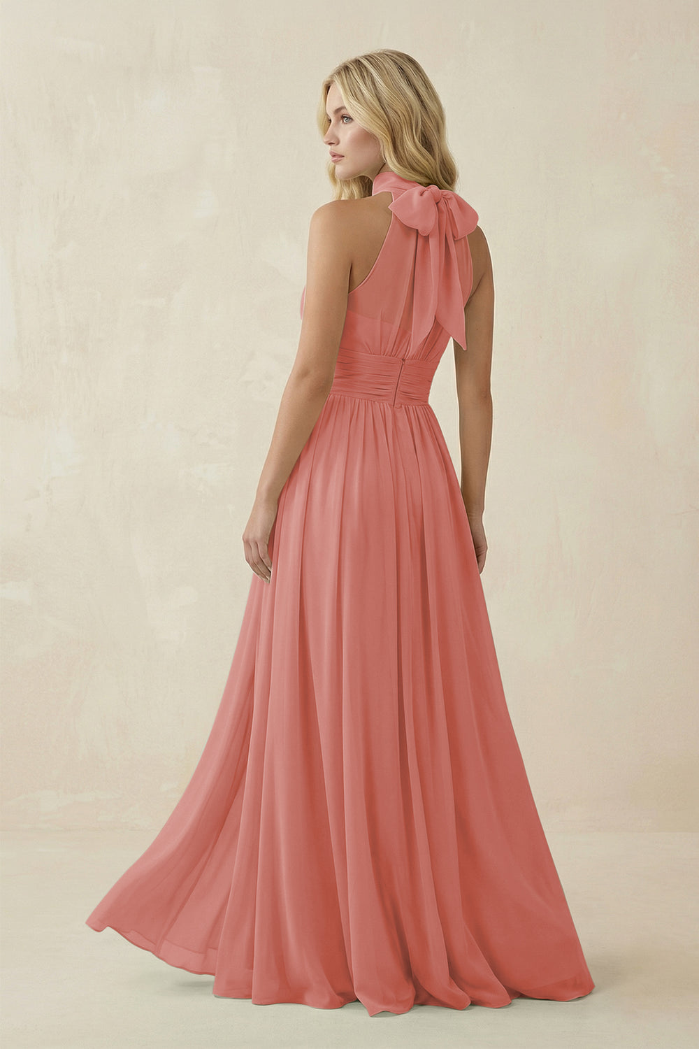 Illusion Halter A-Line Chiffon Bridesmaid Gown in Mulberry