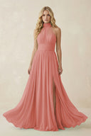 Mulberry Illusion Halter A-Line Chiffon Bridesmaid Gown | KISSBRIDAL