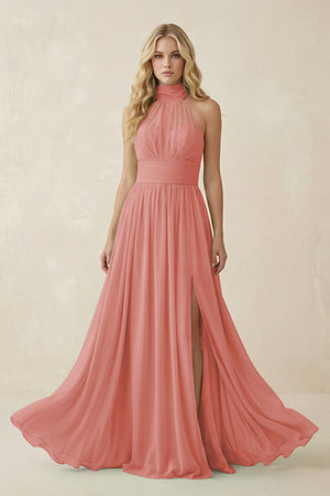 Mulberry Illusion Halter A-Line Chiffon Bridesmaid Gown | KISSBRIDAL
