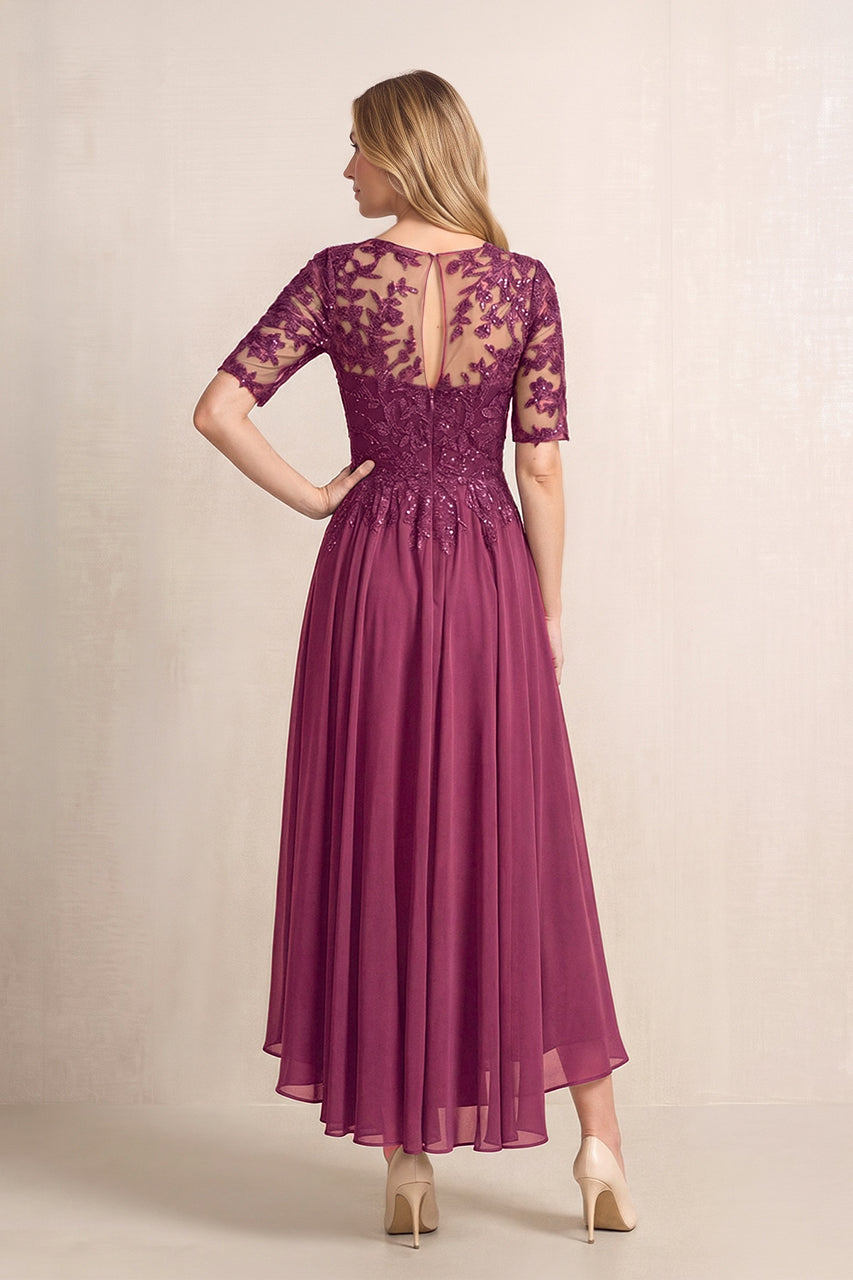 Mulberry Purple Illusion Neck A-Line Chiffon Lace Midi Mother of the Bride Dress with Half Sleeves
