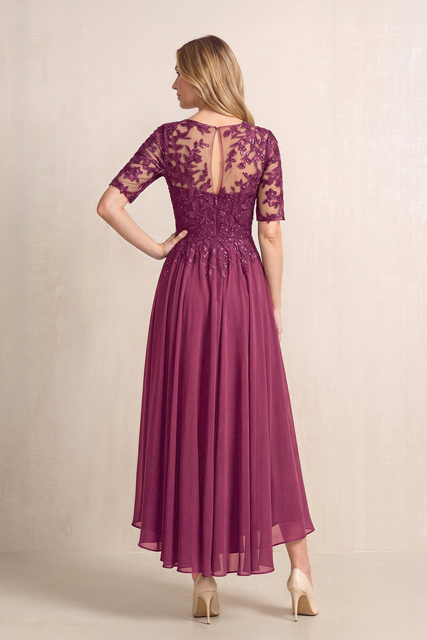 Mulberry Illusion Neck A-Line Chiffon Lace Midi Mother of the Bride Dress with Half Sleeves (2) | KISSBRIDAL
