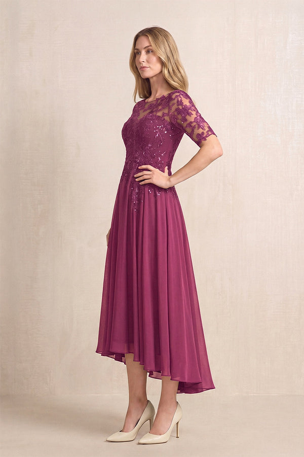 Mulberry Illusion Neck A-Line Chiffon Lace Midi Mother of the Bride Dress with Half Sleeves (3) | KISSBRIDAL
