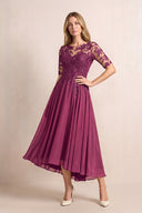 Mulberry Illusion Neck A-Line Chiffon Lace Midi Mother of the Bride Dress with Half Sleeves | KISSBRIDAL