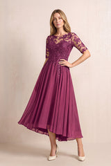 Mulberry Illusion Neck A-Line Chiffon Lace Midi Mother of the Bride Dress with Half Sleeves | KISSBRIDAL