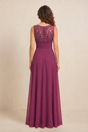Mulberry Illusion Neck A-Line Satin Embroidered Pleated Mother of the Bride Dress (2) | KISSBRIDAL