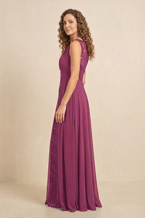 Mulberry Illusion Neck A-Line Satin Embroidered Pleated Mother of the Bride Dress (3) | KISSBRIDAL