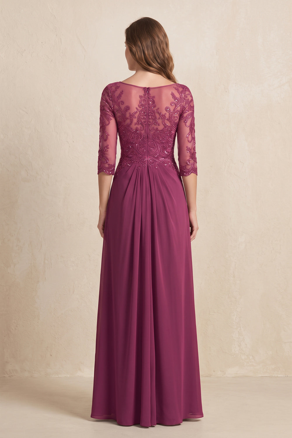 Mulberry Purple Illusion Neck Sheath Embroidered Chiffon Mother of the Bride Dress with Half Sleeves