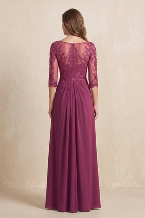 Mulberry Illusion Neck Sheath Embroidered Chiffon Mother of the Bride Dress with Half Sleeves (2) | KISSBRIDAL