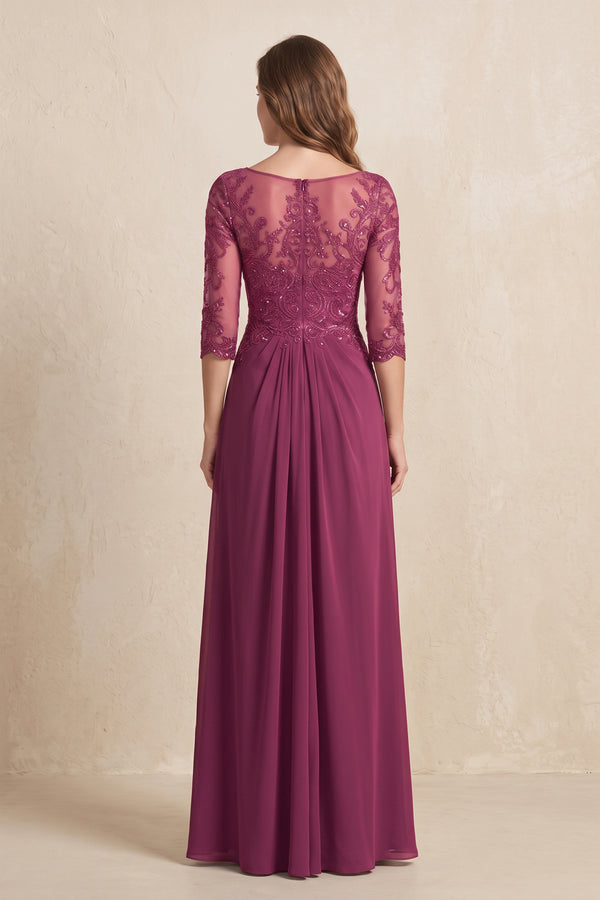 Mulberry Illusion Neck Sheath Embroidered Chiffon Mother of the Bride Dress with Half Sleeves (2) | KISSBRIDAL