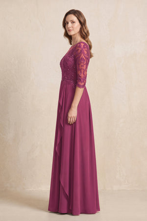Mulberry Illusion Neck Sheath Embroidered Chiffon Mother of the Bride Dress with Half Sleeves (3) | KISSBRIDAL
