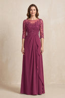 Mulberry Illusion Neck Sheath Embroidered Chiffon Mother of the Bride Dress with Half Sleeves | KISSBRIDAL