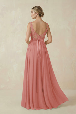 Mulberry Lace A-Line Bateau Neck Chiffon Long Bridesmaid Dress (2) | KISSBRIDAL