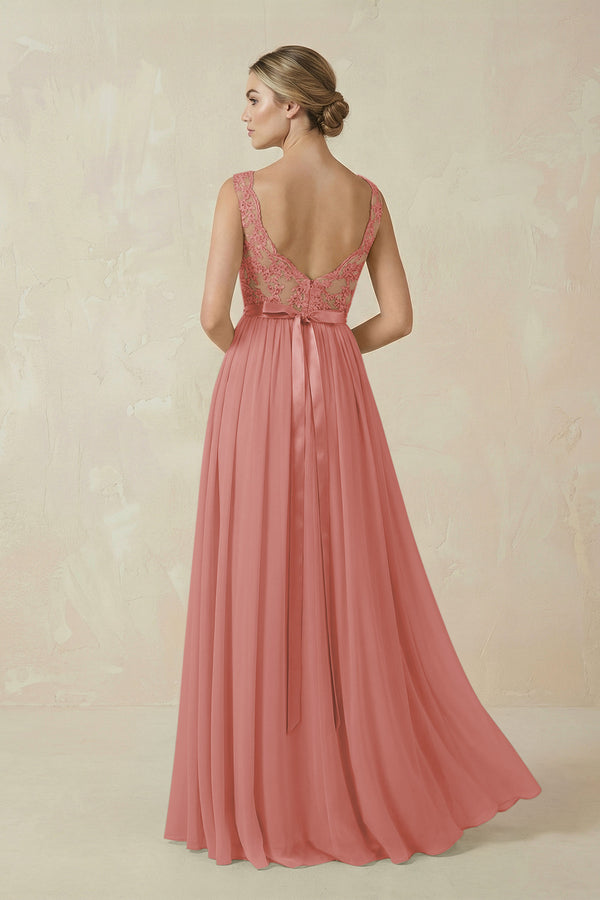 Mulberry Lace A-Line Bateau Neck Chiffon Long Bridesmaid Dress (2) | KISSBRIDAL