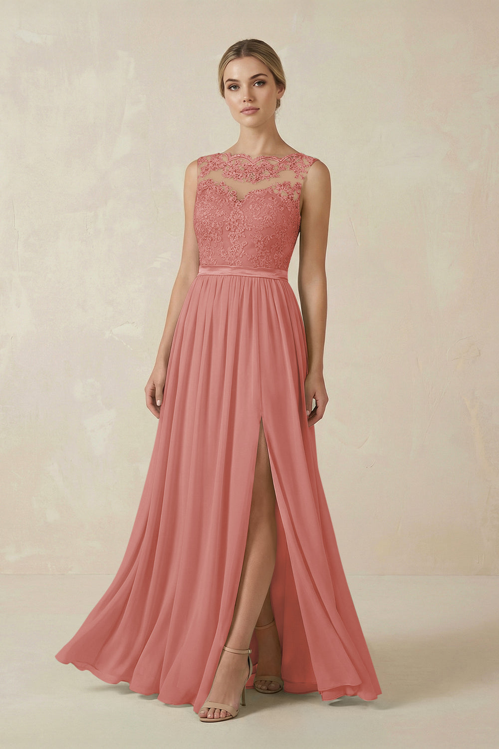 Lace A-Line Bateau Neck Chiffon Long Bridesmaid Dress in Mulberry