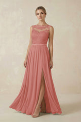 Mulberry Lace A-Line Bateau Neck Chiffon Long Bridesmaid Dress | KISSBRIDAL
