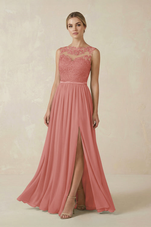 Mulberry Lace A-Line Bateau Neck Chiffon Long Bridesmaid Dress | KISSBRIDAL