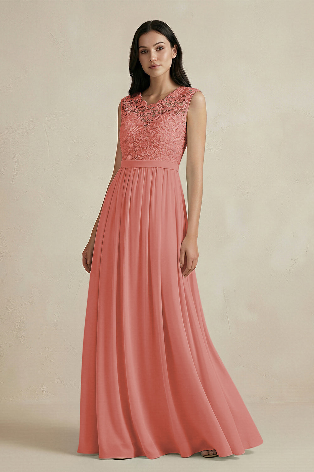 Lace Chiffon A-Line Round Neck Bridesmaid Dress in Mulberry
