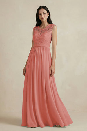Mulberry Lace Chiffon A-Line Round Neck Bridesmaid Dress | KISSBRIDAL