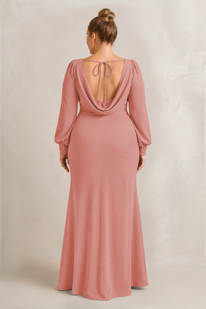 Mulberry Long Sleeve V-Neck Sheath Chiffon Bridesmaid Dress (2) [sizeplus] | KISSBRIDAL