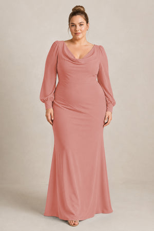 Mulberry Long Sleeve V-Neck Sheath Chiffon Bridesmaid Dress [sizeplus] | KISSBRIDAL
