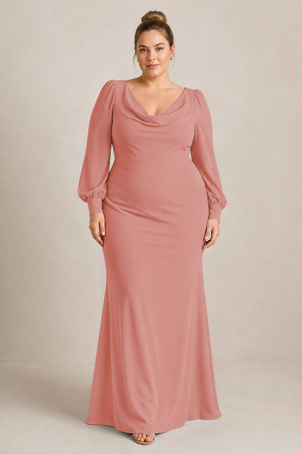 Mulberry Long Sleeve V-Neck Sheath Chiffon Bridesmaid Dress [sizeplus] | KISSBRIDAL