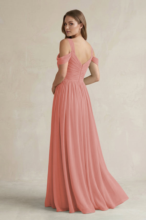Mulberry Off-the-Shoulder A-Line Chiffon Bridesmaid Dress With Slit (2) | KISSBRIDAL