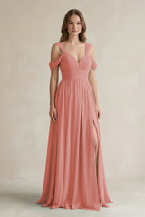 Mulberry Off-the-Shoulder A-Line Chiffon Bridesmaid Dress With Slit | KISSBRIDAL
