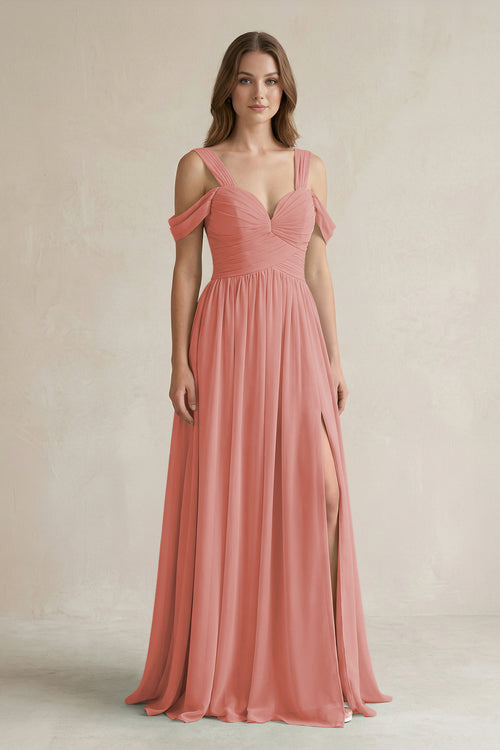 Mulberry Off-the-Shoulder A-Line Chiffon Bridesmaid Dress With Slit | KISSBRIDAL