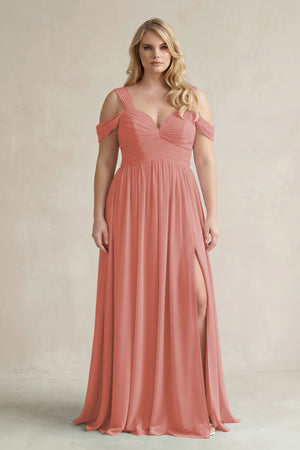 Mulberry Off-the-Shoulder A-Line Chiffon Bridesmaid Dress With Slit | KISSBRIDAL