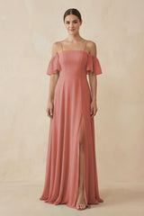 Mulberry Off-the-Shoulder A-Line Chiffon Bridesmaid Dress | KISSBRIDAL