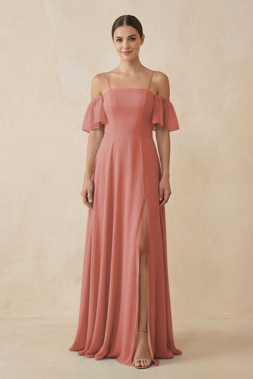 Mulberry Off-the-Shoulder A-Line Chiffon Bridesmaid Dress | KISSBRIDAL