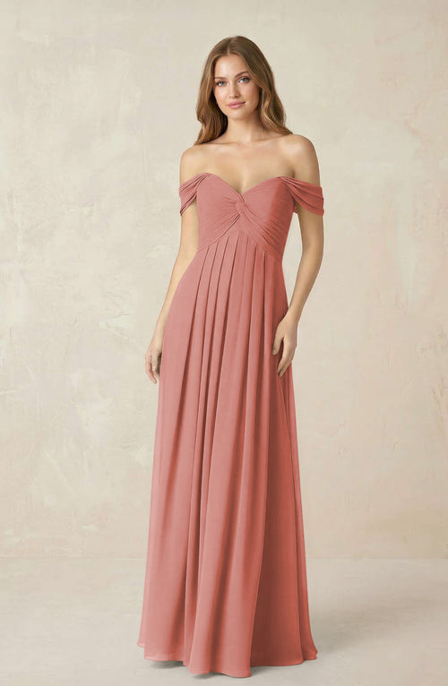 Mulberry Off-the-Shoulder A-Line Chiffon Pleated Bridesmaid Dress | KISSBRIDAL