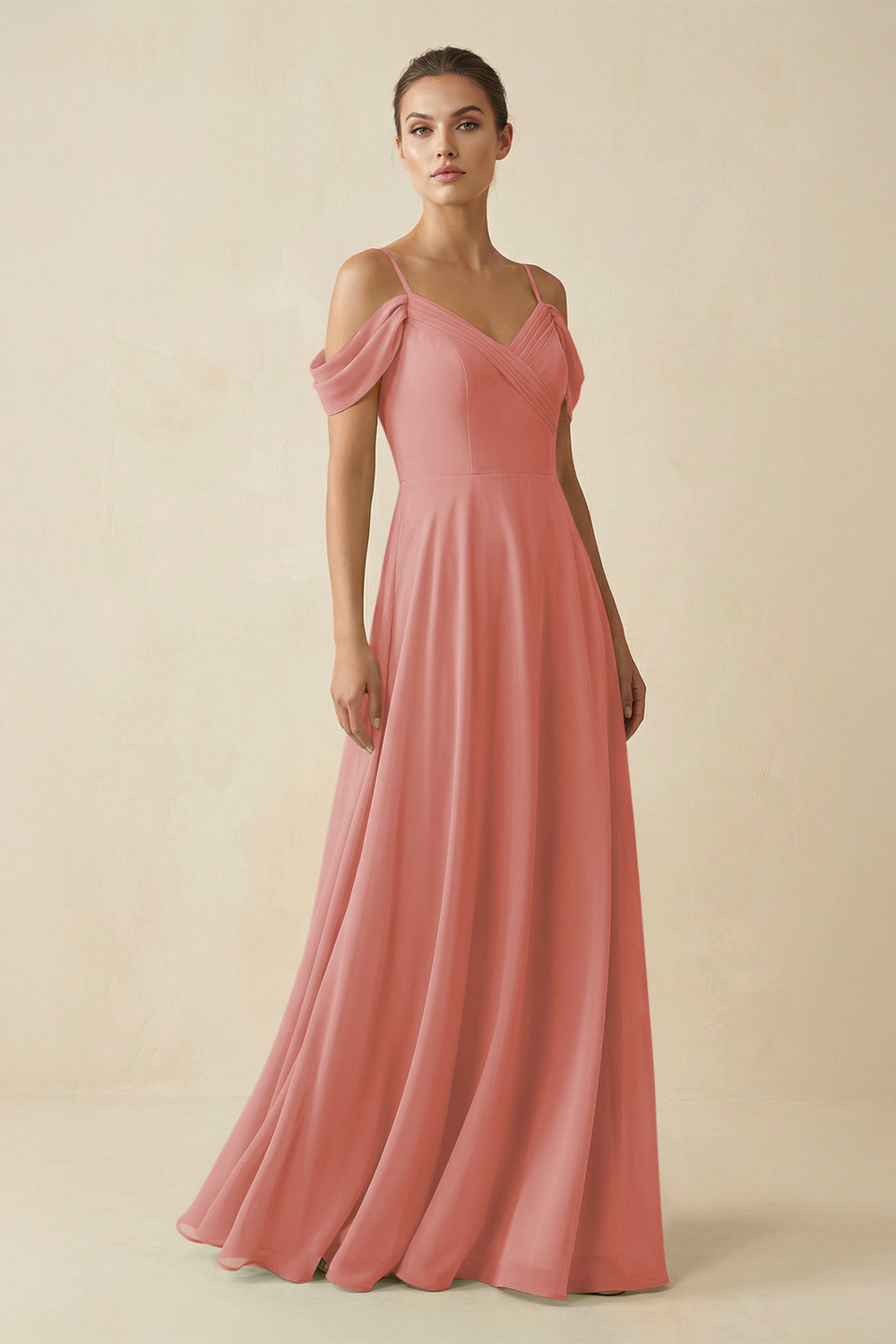 Off-the-Shoulder A-Line Pleated Chiffon Bridesmaid Gown in Mulberry