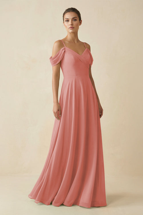 Mulberry Off-the-Shoulder A-Line Pleated Chiffon Bridesmaid Gown | KISSBRIDAL