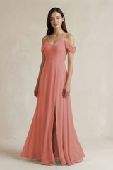 Mulberry Off-the-Shoulder Chiffon A-Line Bridesmaid Dress | KISSBRIDAL