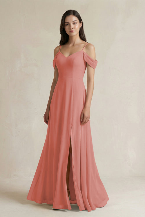 Mulberry Off-the-Shoulder Chiffon A-Line Bridesmaid Dress | KISSBRIDAL