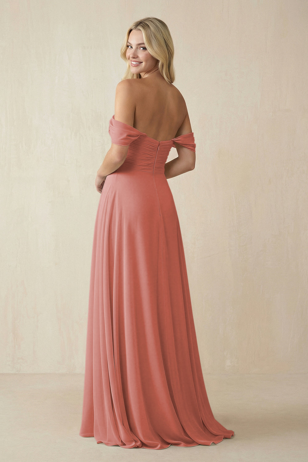 Off-the-Shoulder Chiffon A-Line Long Bridesmaid Dress in Mulberry