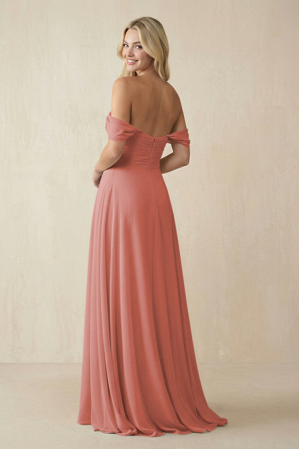 Mulberry Off-the-Shoulder Chiffon A-Line Long Bridesmaid Dress (2) | KISSBRIDAL