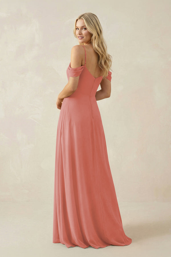 Mulberry Off-the-Shoulder Chiffon A-Line Maxi Bridesmaid Dress (2) | KISSBRIDAL