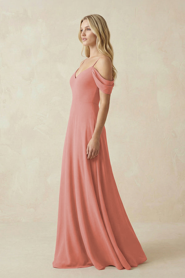 Mulberry Off-the-Shoulder Chiffon A-Line Maxi Bridesmaid Dress (3) | KISSBRIDAL