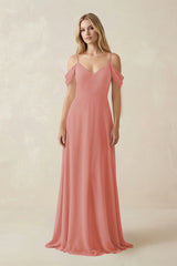 Mulberry Off-the-Shoulder Chiffon A-Line Maxi Bridesmaid Dress | KISSBRIDAL