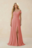 Mulberry Off-the-Shoulder Pleated A-Line Chiffon Bridesmaid Dress | KISSBRIDAL