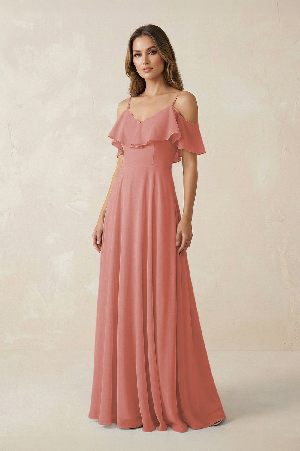 Off-the-Shoulder Ruffled A-Line Chiffon Bridesmaid Dress in Mulberry