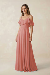 Mulberry Off-the-Shoulder Ruffled A-Line Chiffon Bridesmaid Dress | KISSBRIDAL