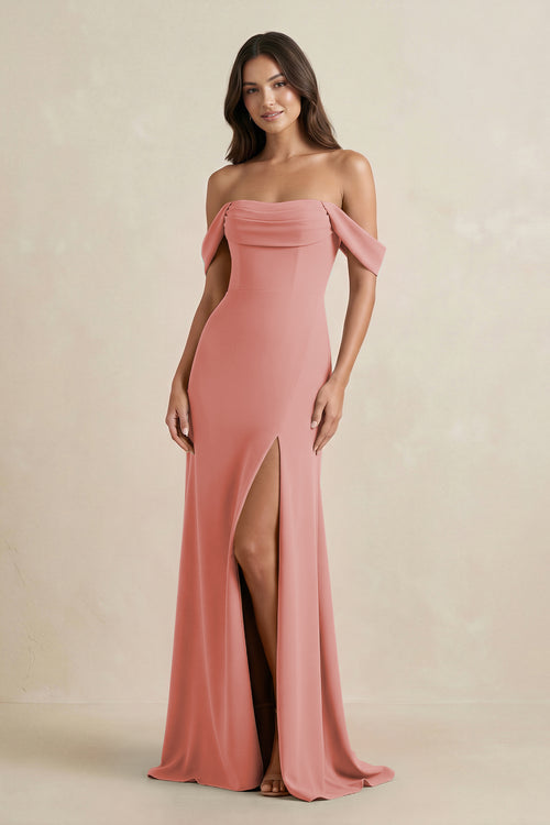 Mulberry Off-the-Shoulder Sheath Bridesmaid Dress with Slit | KISSBRIDAL